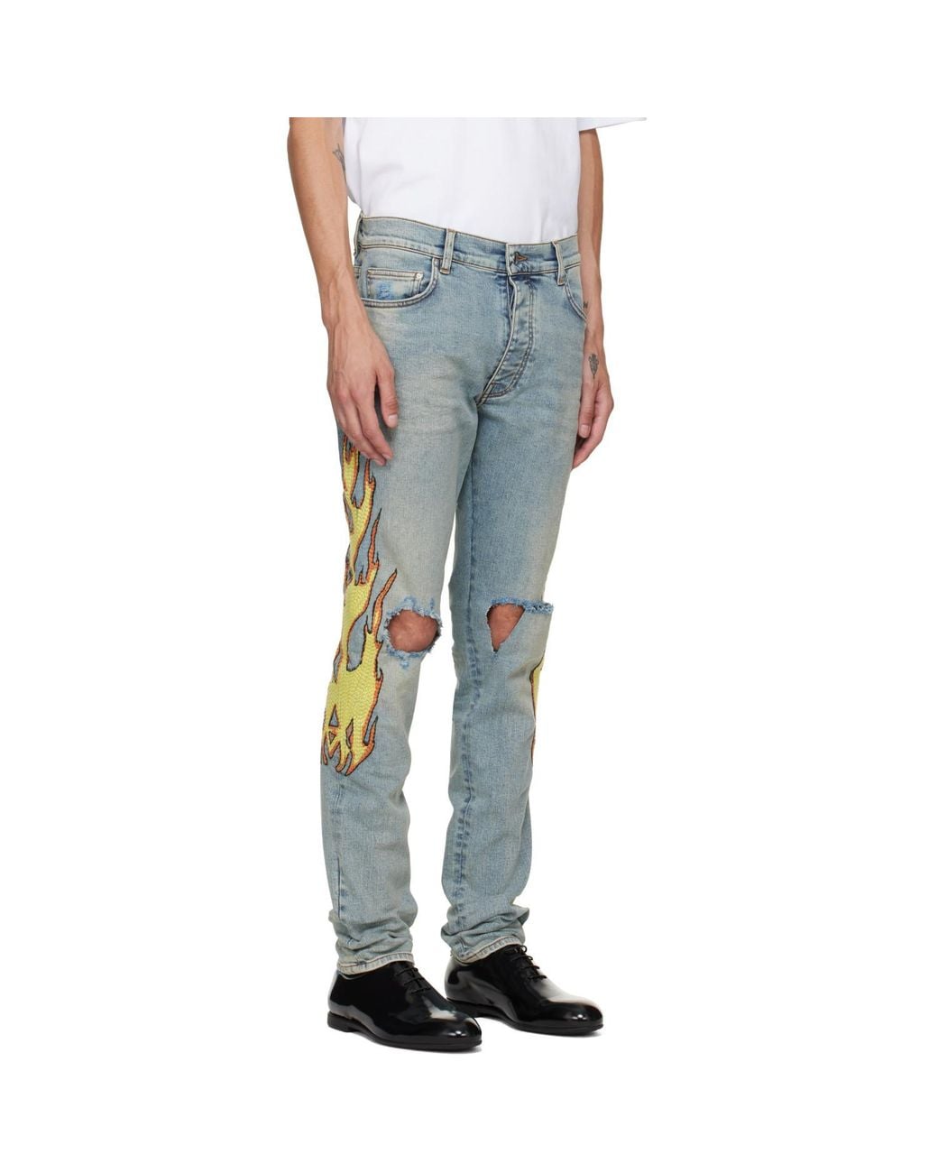 Amiri Blue Flames Emb Skinny Jeans for men