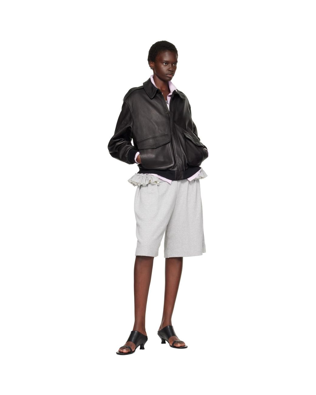 HOMMEGIRLS Black Zip Leather Bomber Jacket