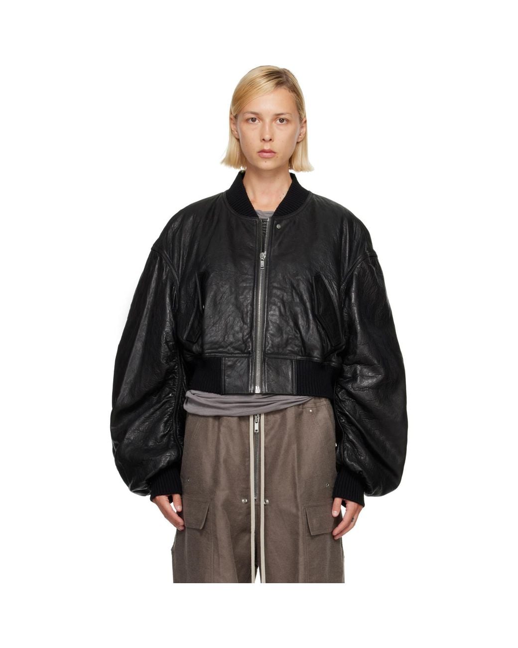 Rick Owens Black Tower Secchia Cropped Leather Flight Jacket