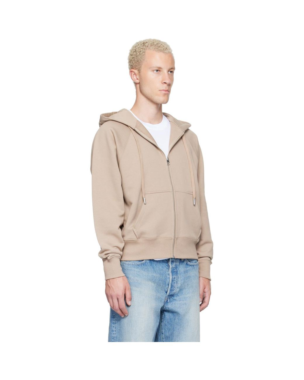 AMI Natural Zipped Cotton Embossed Ami De Coeur Hoodie for men