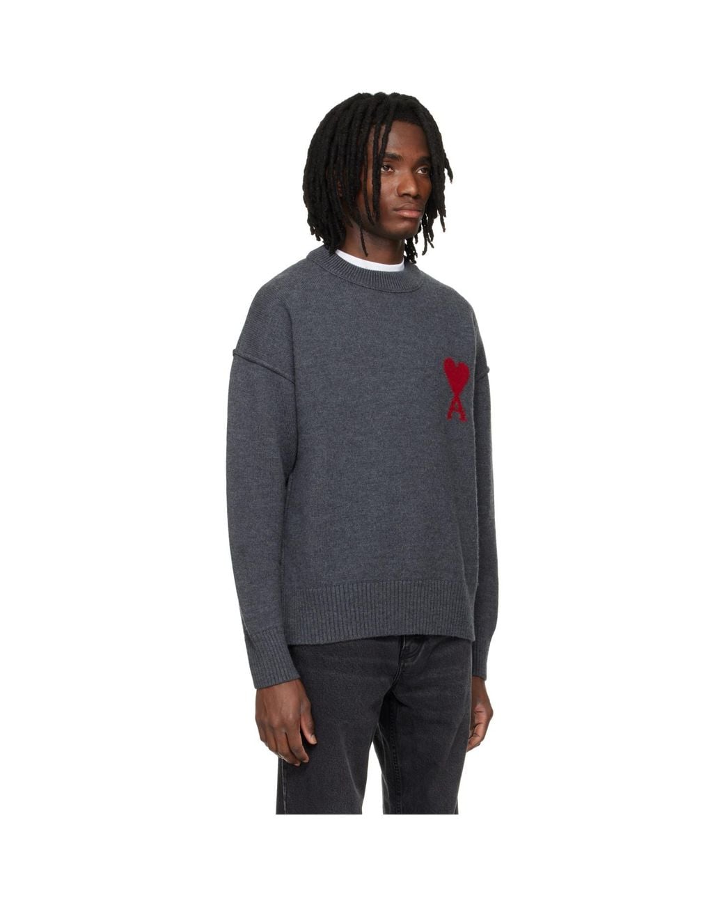 AMI Black Wool Contrasted Ami De Coeur Crewneck Sweater for men