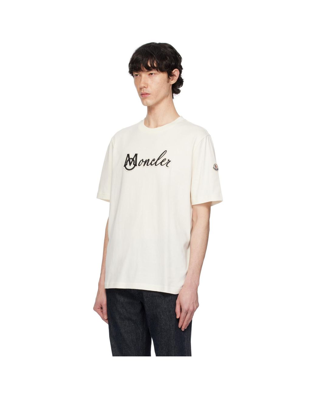 Moncler White Off- Embroidered Varsity Logo Cotton T-Shirt for men
