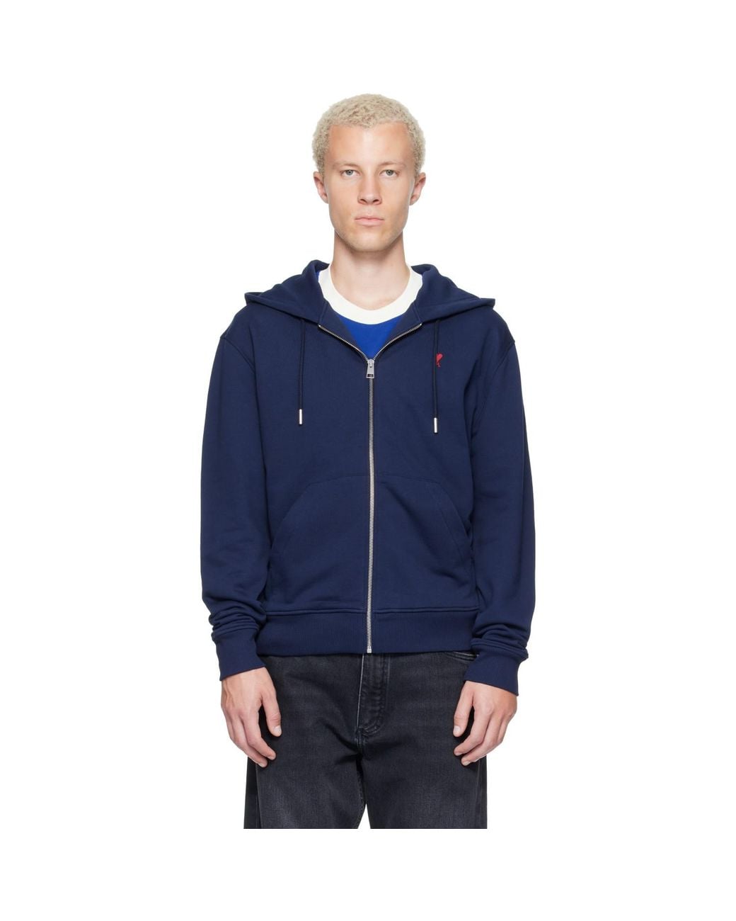 AMI Blue Zipped Cotton Ami De Coeur Hoodie for men