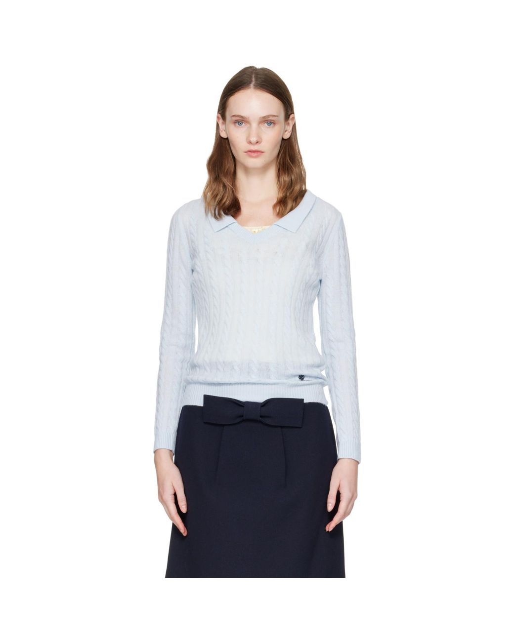 ShuShu/Tong White V-Neck Cable Knit Sweater
