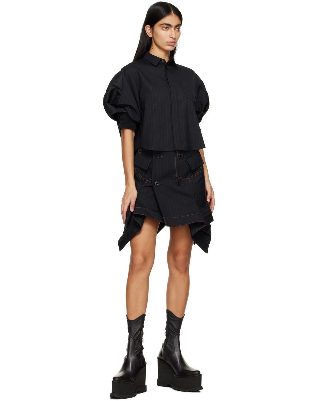 sacai サカイ★チョークストライププリーツスカート★ネイビー 美品】 sacai / サカイ | 異素材 ライン プリーツスカート | 0