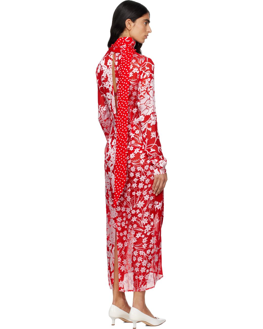 MARINE SERRE Red Regenerated Raso Silk Scarves Ls Maxi Dress