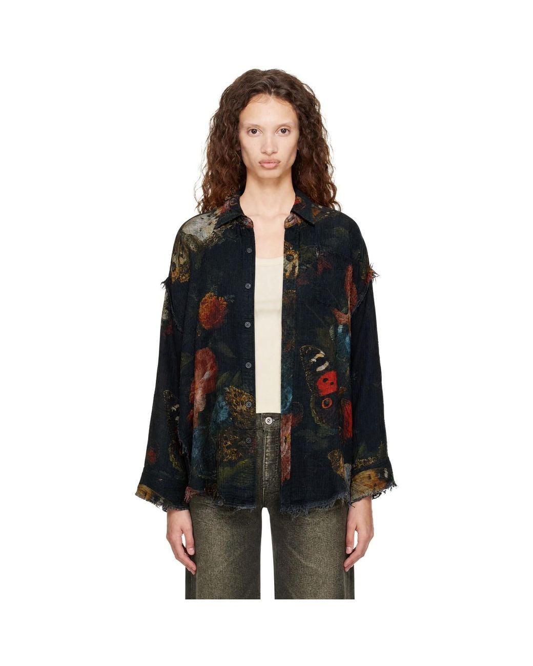 R13 Black Reversible Shredded Seam Drop Neck Shirt