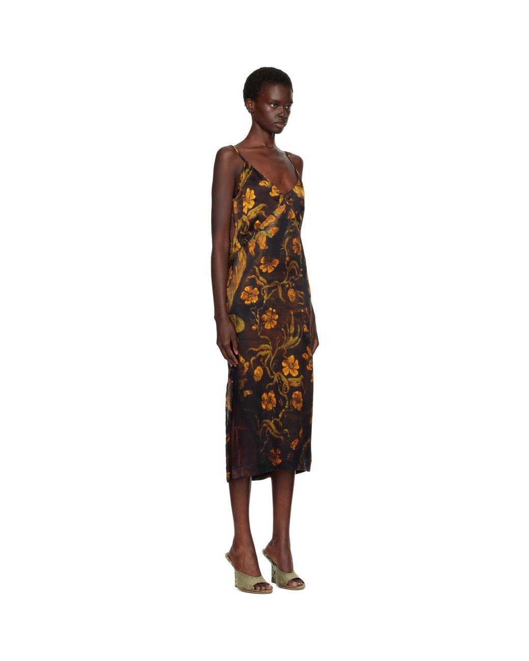 Dries Van Noten Brown Satin Midi Dress