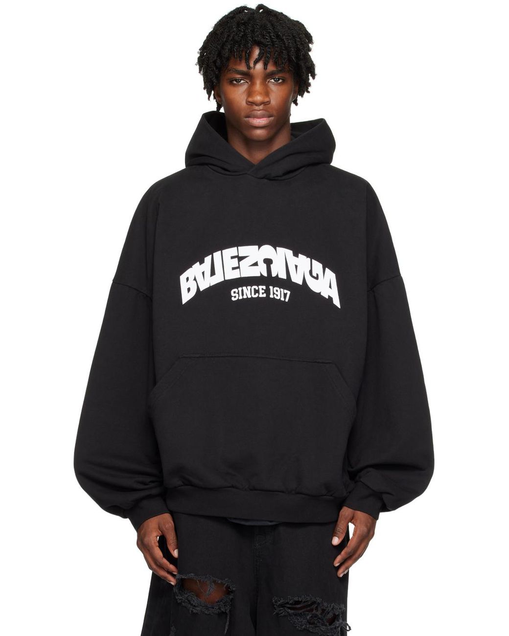 Pull capuche noir logo et texte incurv s Balenciaga pour homme