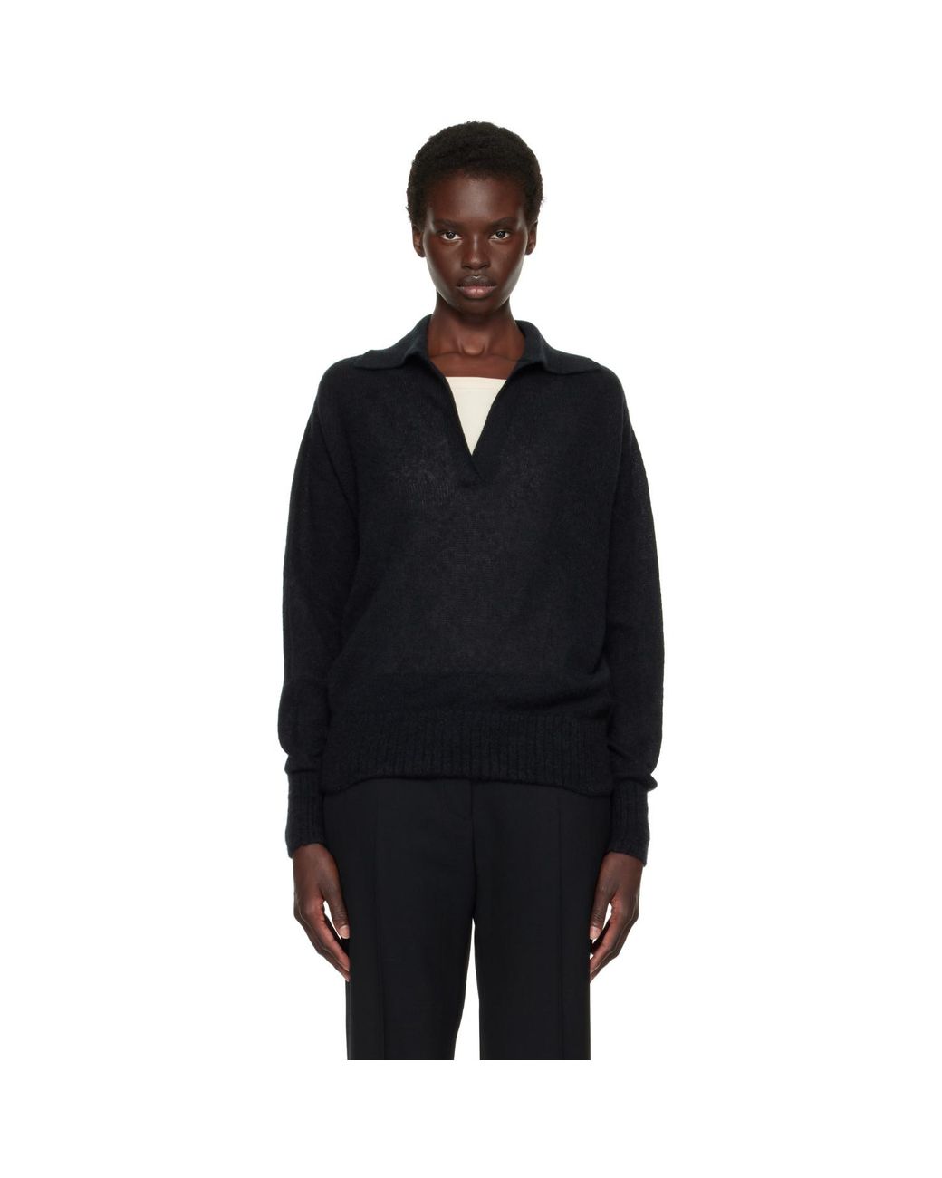 Tom Ford Black Ultrasoft Cashmere Silk Oversized Open Collar Polo