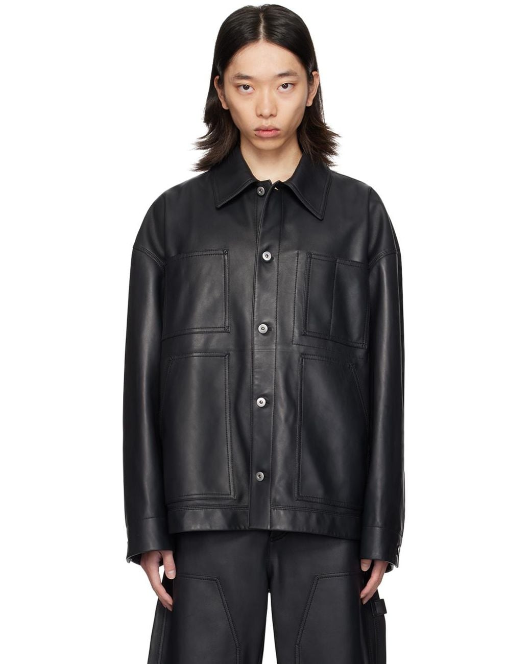 メンズ Bottega Veneta スプレッドカラー レザージャケット ブラック