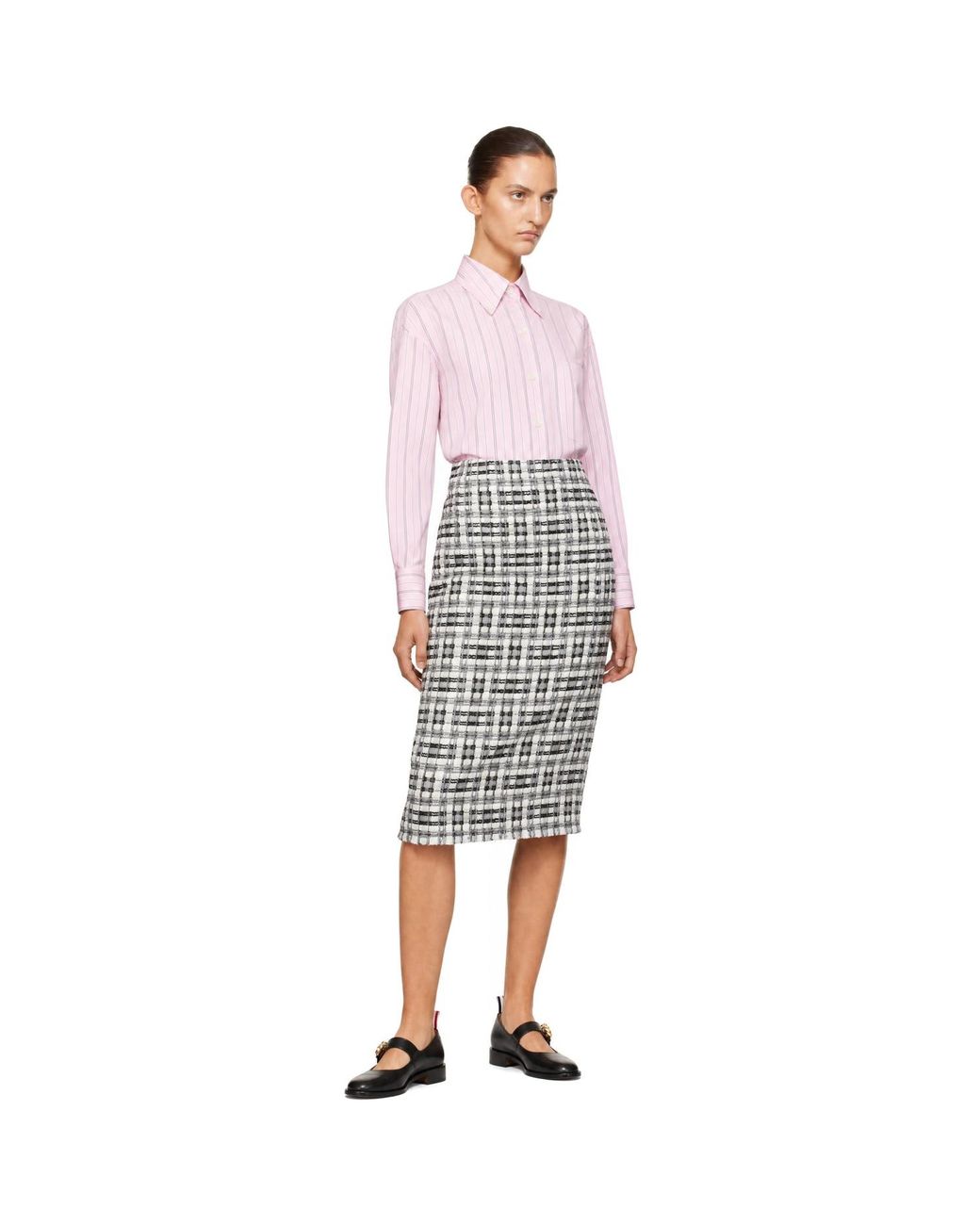 Thom Browne White Off- Ribbon Tweed Fray Midi Pencil Skirt