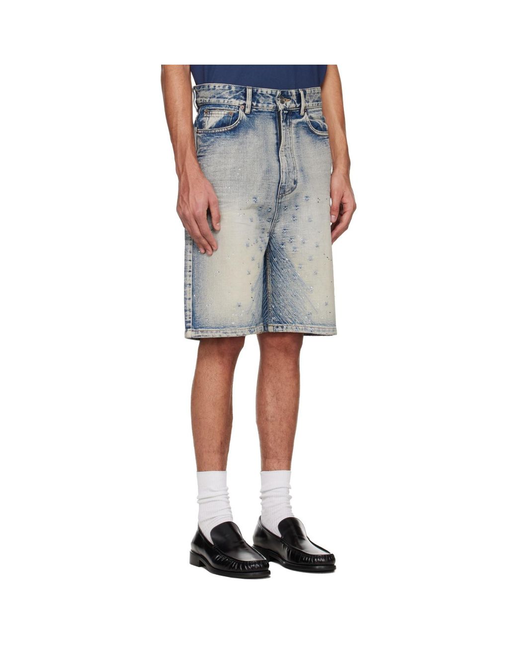 we11done Blue Embroidery Washed Denim Shorts for men