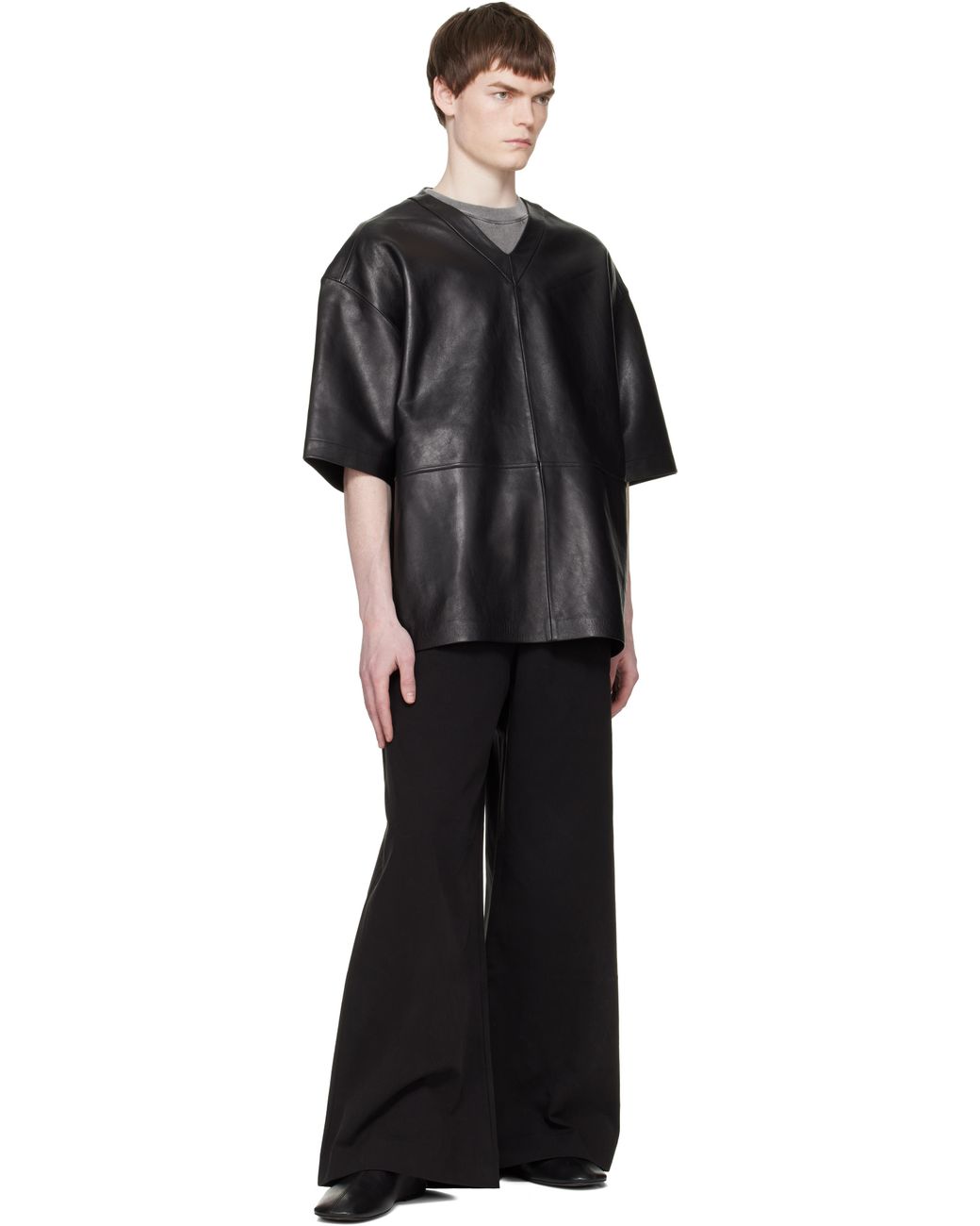 Entire studios Black V-Neck Leather T-Shirt for men