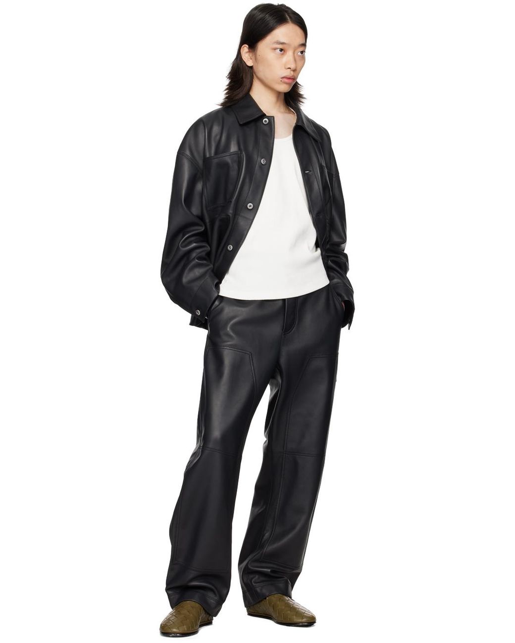 メンズ Bottega Veneta スプレッドカラー レザージャケット ブラック