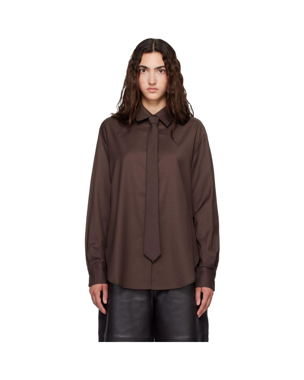 Frankie Shop Brown Peri Tie Neck Shirt