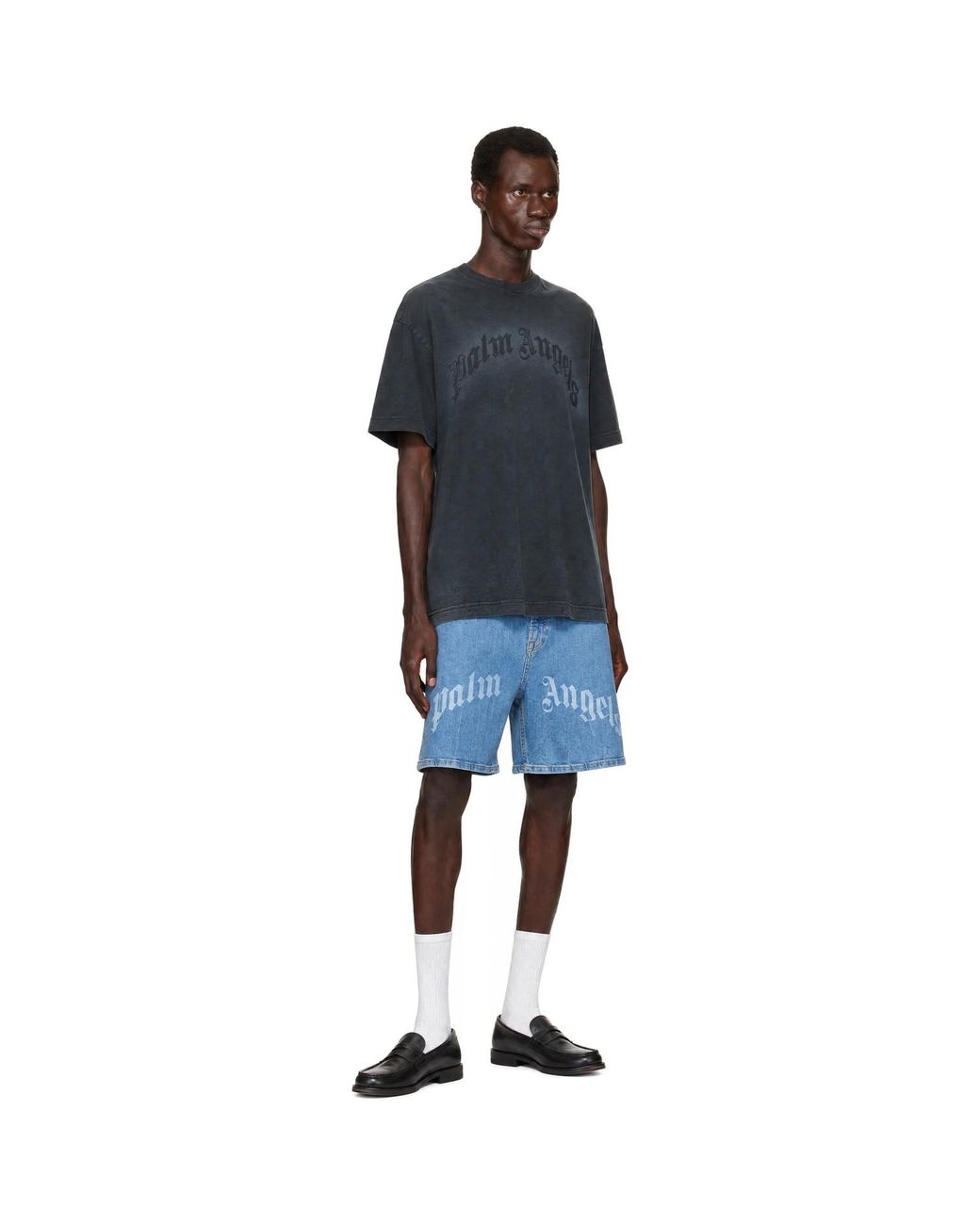 Palm Angels Blue Splitted Curved Logo Shorts for men