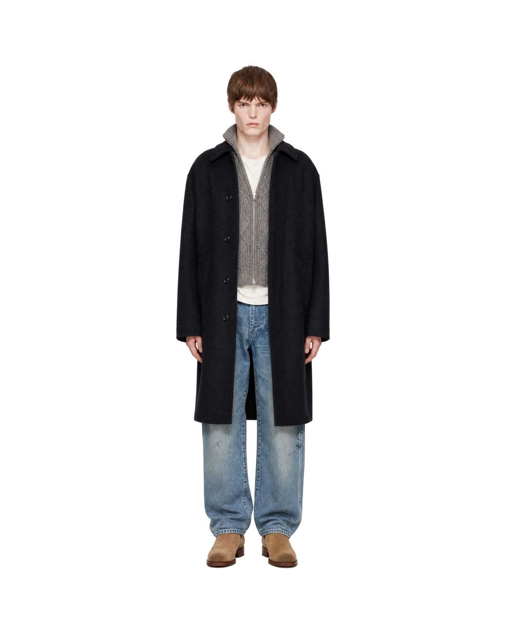 vowels Black Wool Overcoat for men