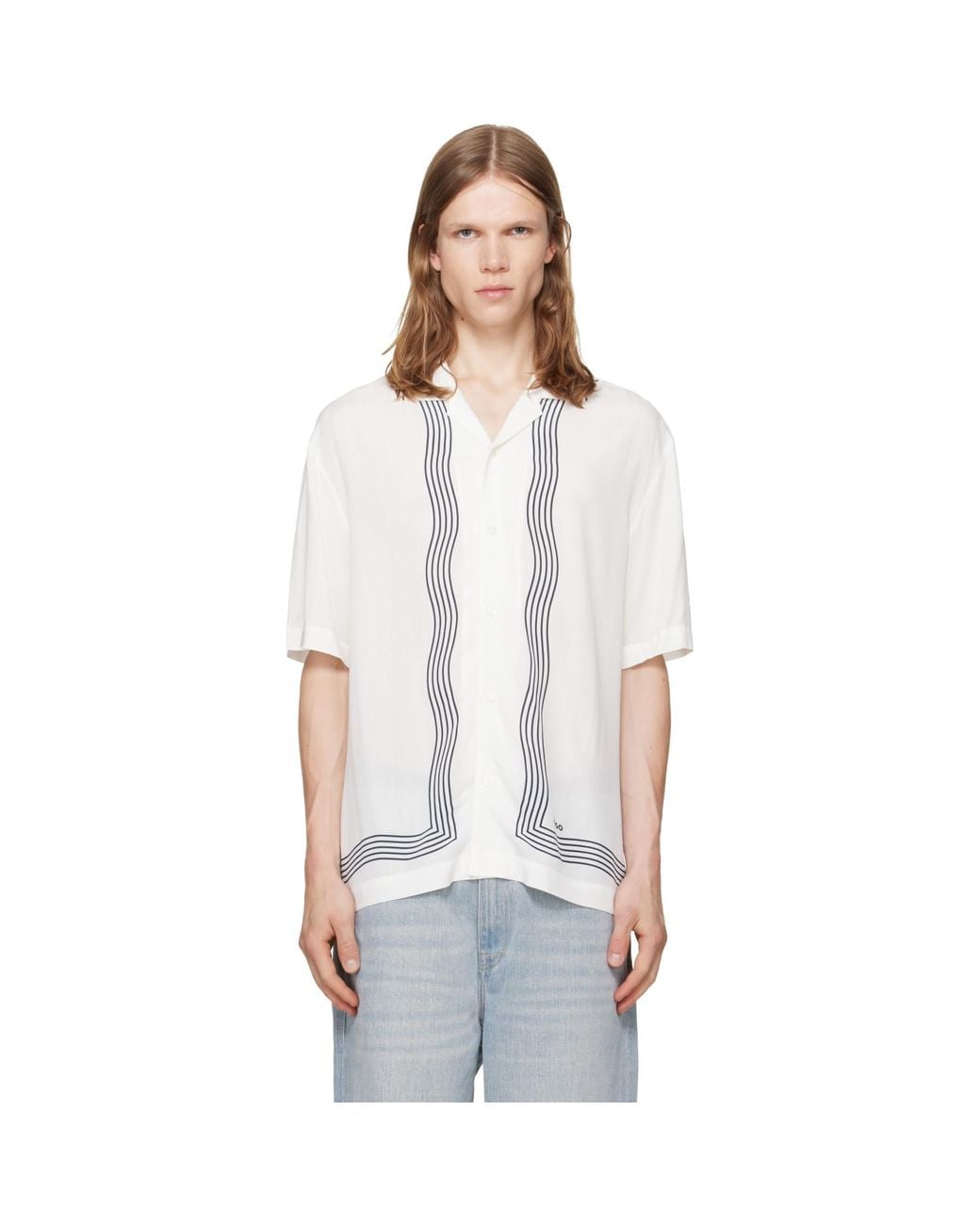 HUGO White Camp Collar Oversized-Fit Printed Shirt for men