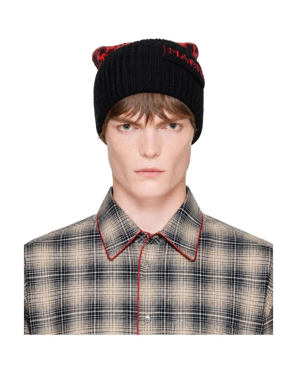 Marni Black Burgundy & Wool Geometric Motif Beanie for men