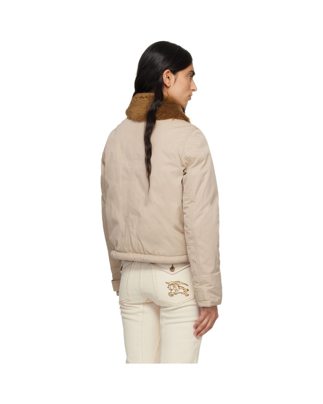 Burberry Natural Shearling Collar Gabardine Down Bomber Jacket