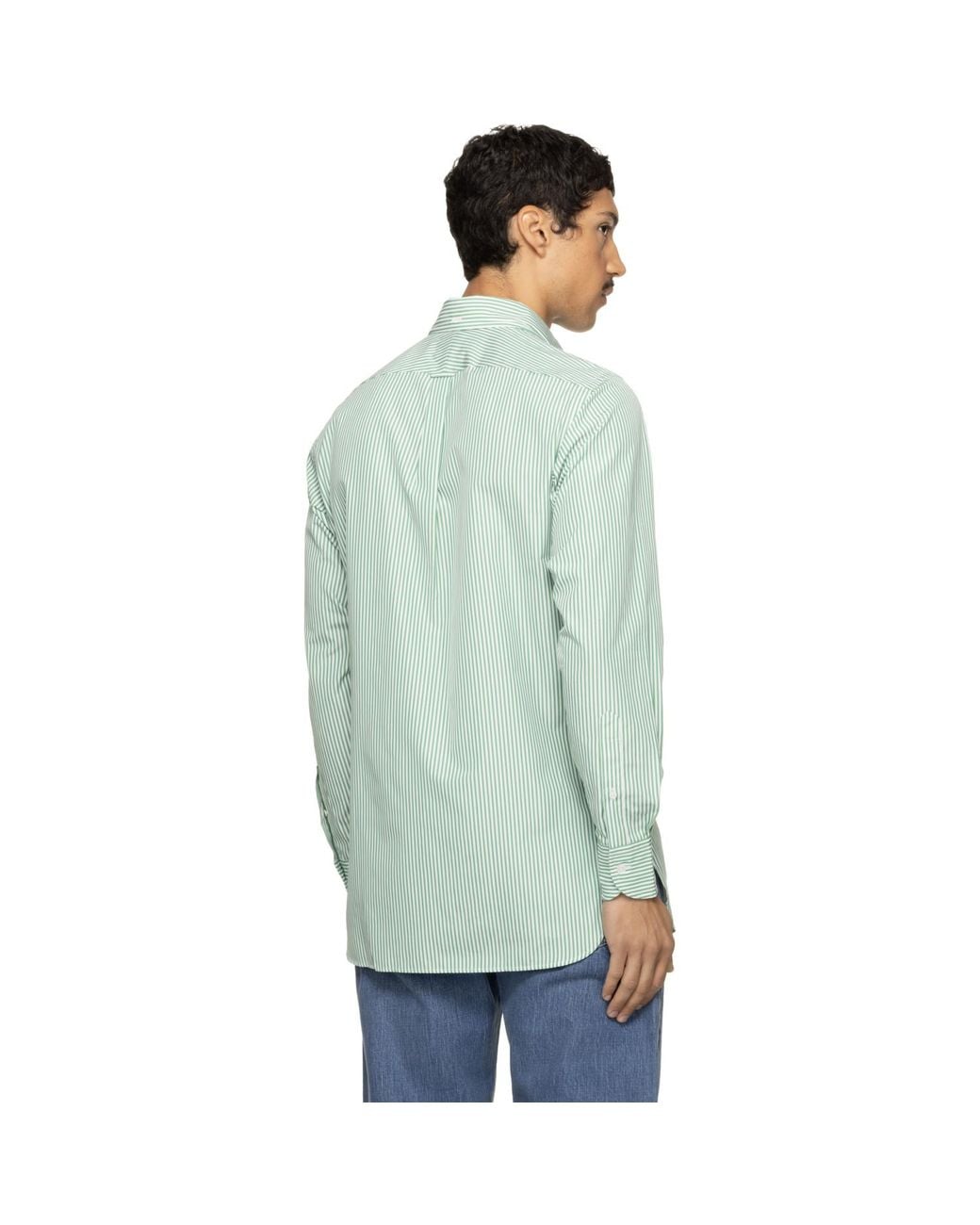 Drake's Green Narrow Stripe Cotton Poplin Button-Down Shirt for men