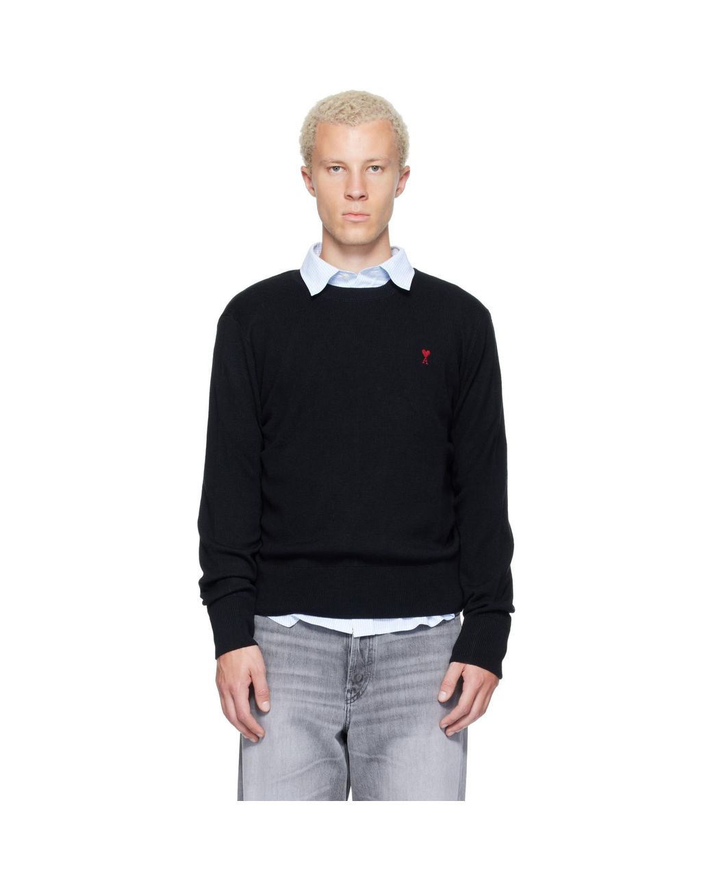 AMI Black Crewneck Wool Ami De Coeur Sweater for men