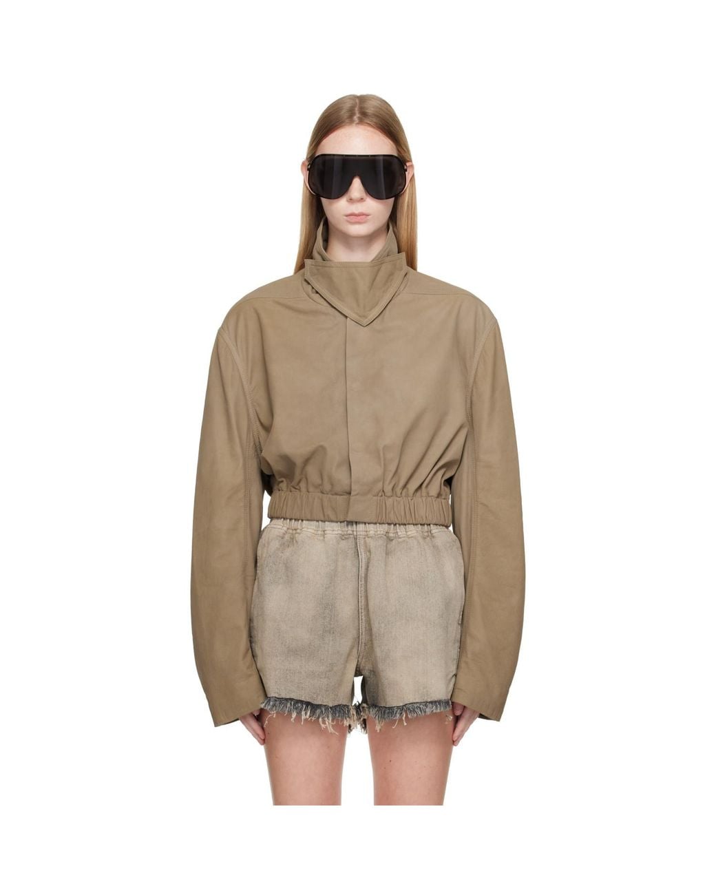 Rick Owens Brown Taupe Tower Collared Mac Leather Jacket