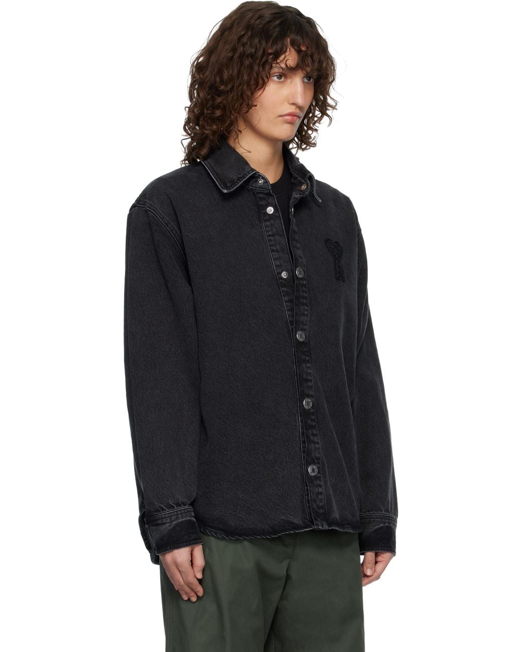 AMI Black Cotton Knitted Ami De Coeur Denim Overshirt
