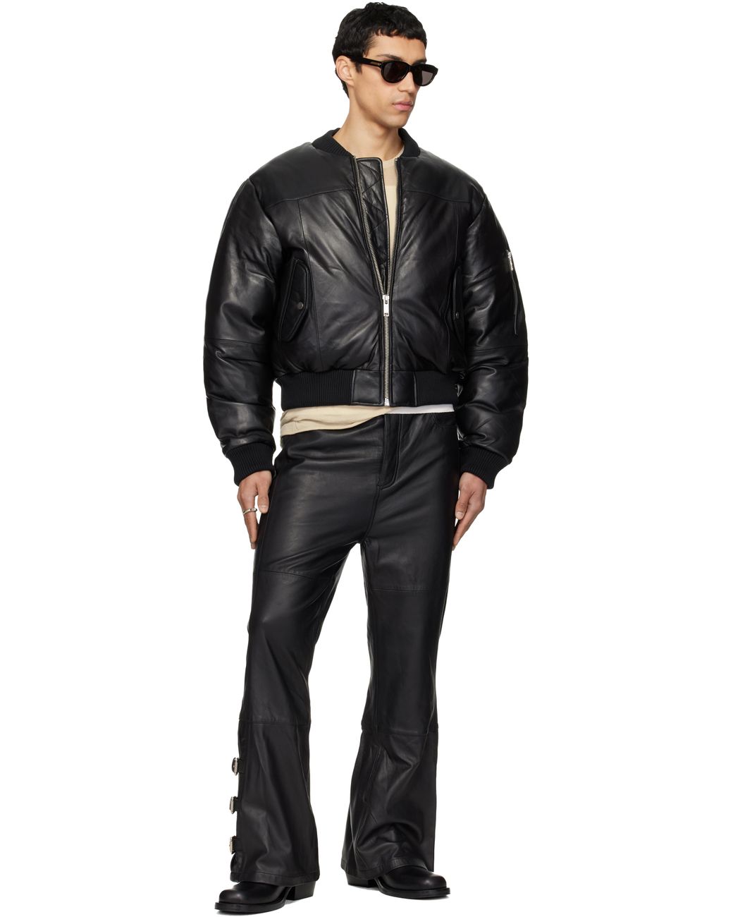Deadwood Black Bofinger Padded Leather Bomber Jacket for men