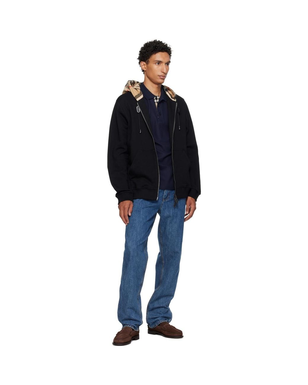 Burberry Black Check Hood Cotton Zip Hoodie for men