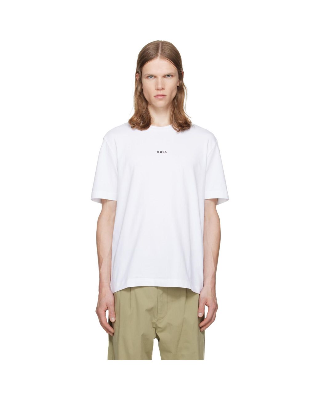 Boss White Stretch-Cotton Contrast Logo T-Shirt for men