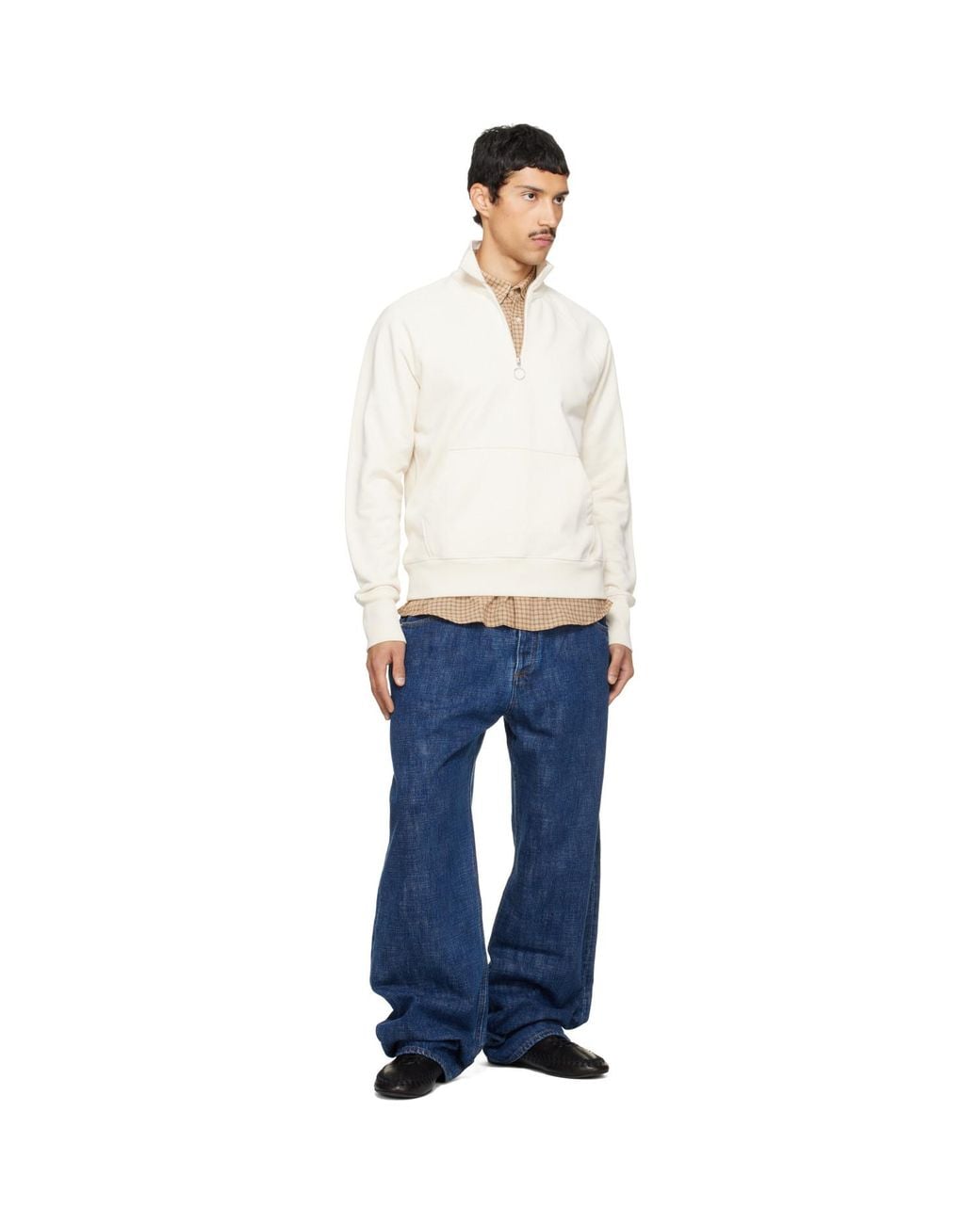Drake's White Cotton Quarter Zip Sweatshirt for men
