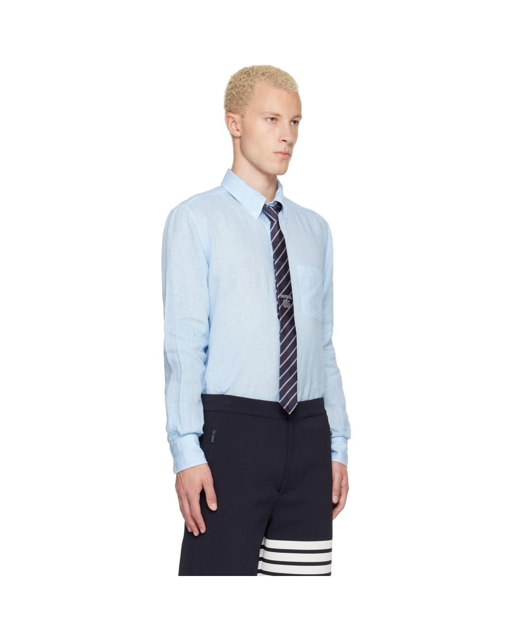 Thom Browne Blue Linen 4-Bar Shirt for men