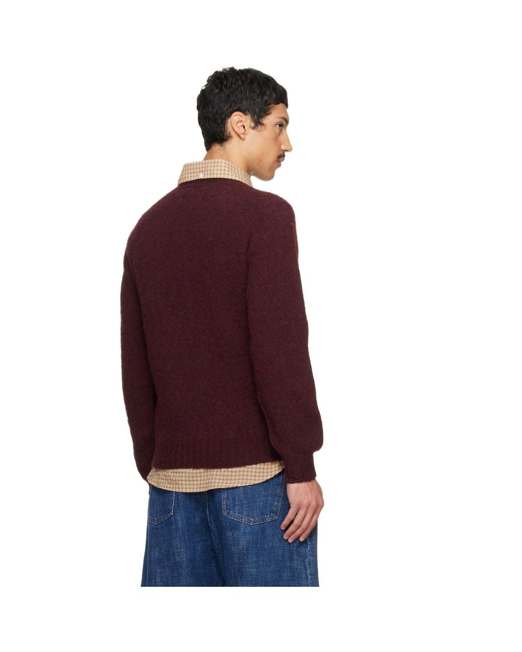 Drake's Red Burgundy Brushed Shetland Crew Neck Sweater for men