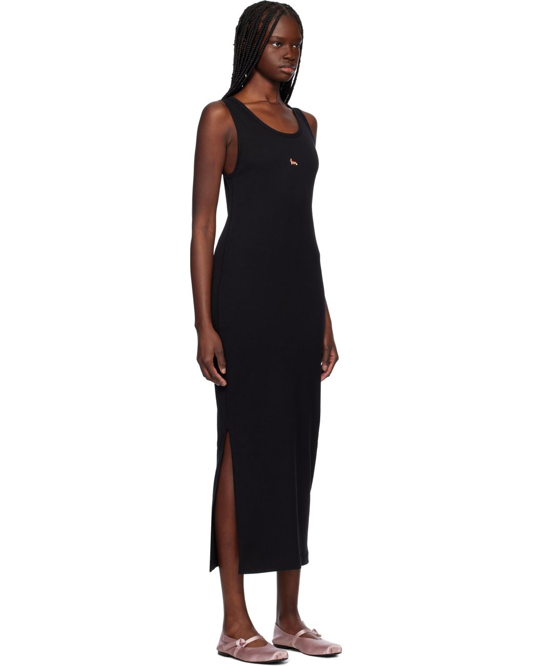 Maison Kitsuné Baby Fox Ribbed Tank Midi Dress in Black | Lyst