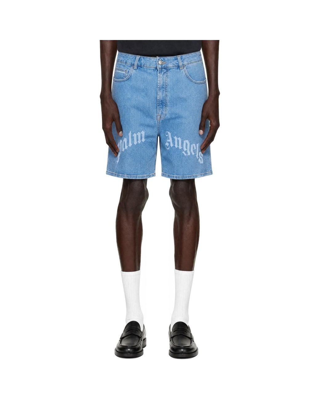 Palm Angels Blue Splitted Curved Logo Shorts for men