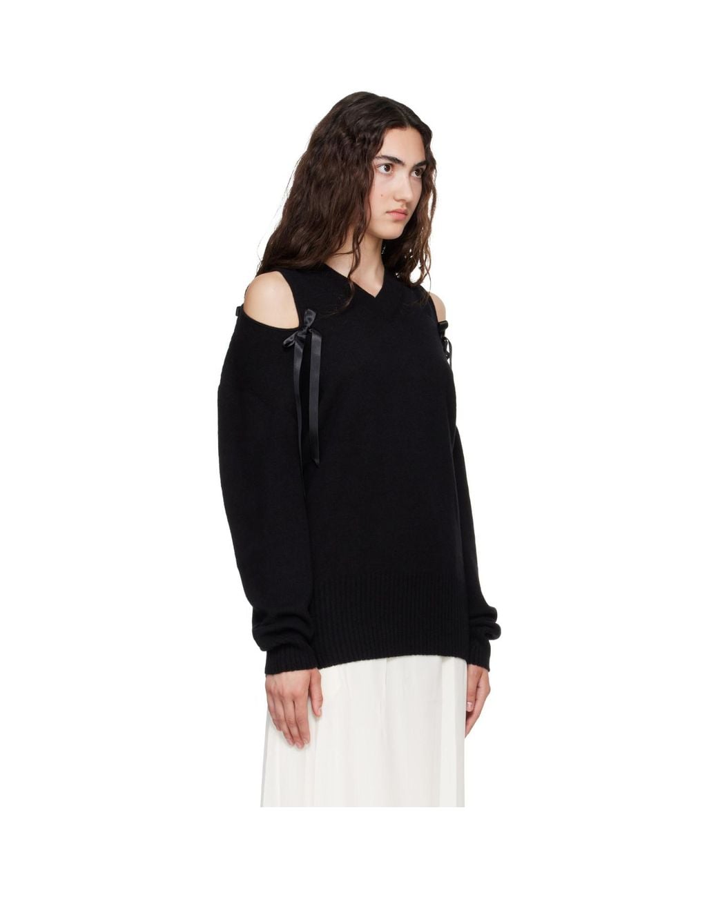 Simone Rocha Black Relaxed Cashmere Slash V-Neck Bow Sweater