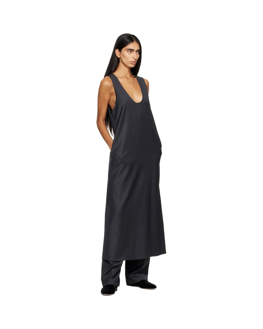 Ssstein Black Wool Silk Sleeveless Onepiece Maxi Dress