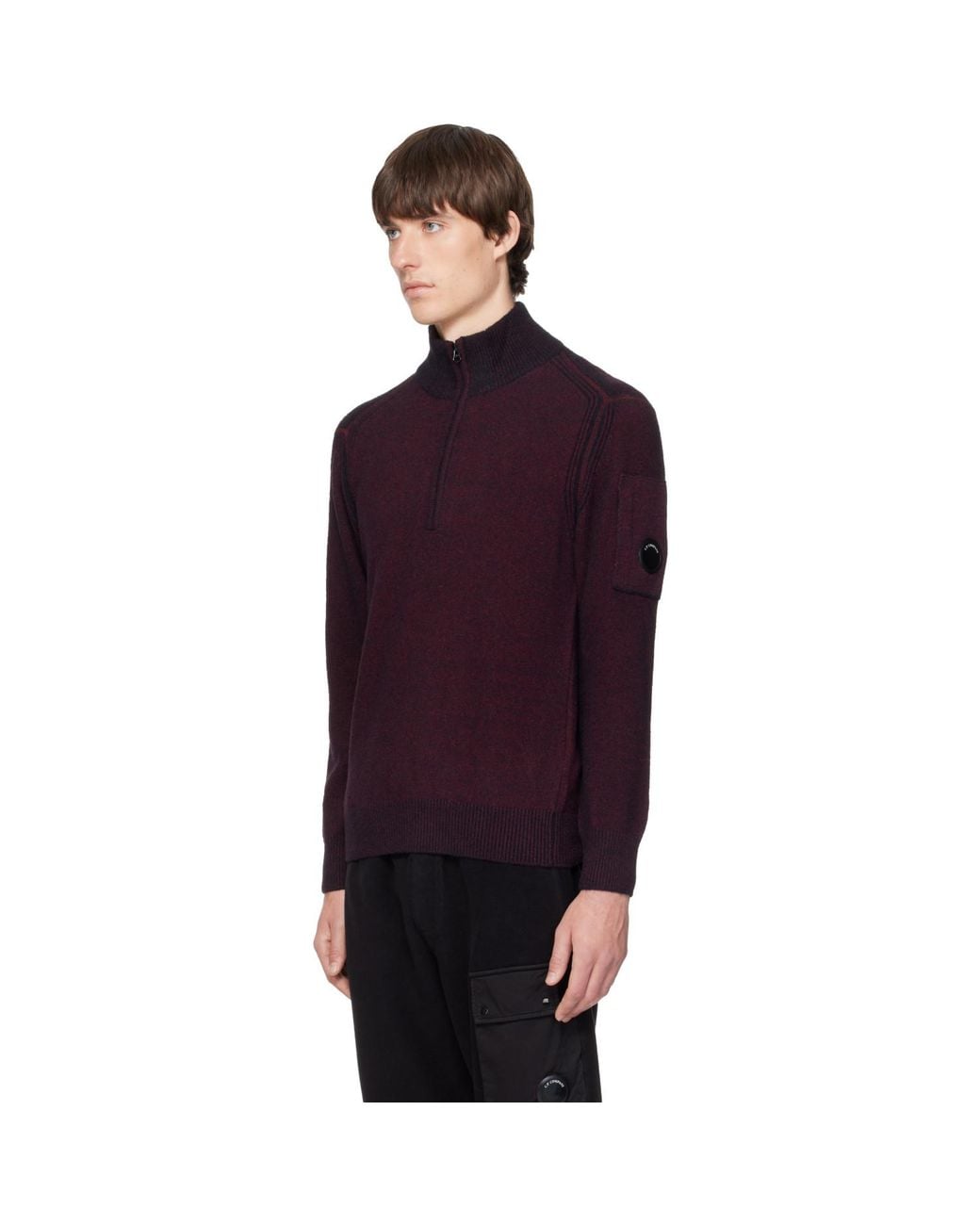C P Company Purple Burgundy Polo Collar Knit Lens Sweater for men