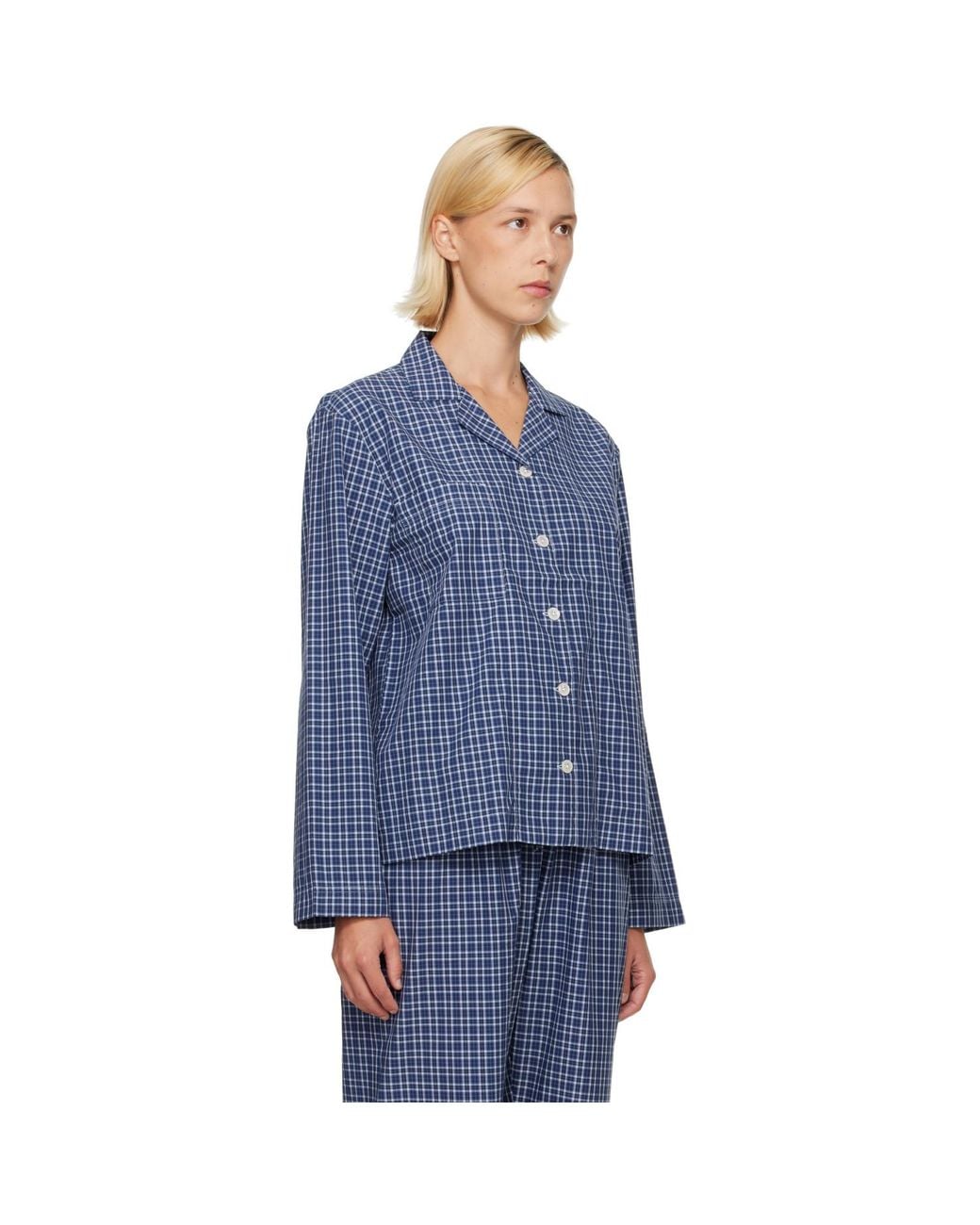 Tekla Blue Fine Twill Long-Sleeved Pyjama Shirt