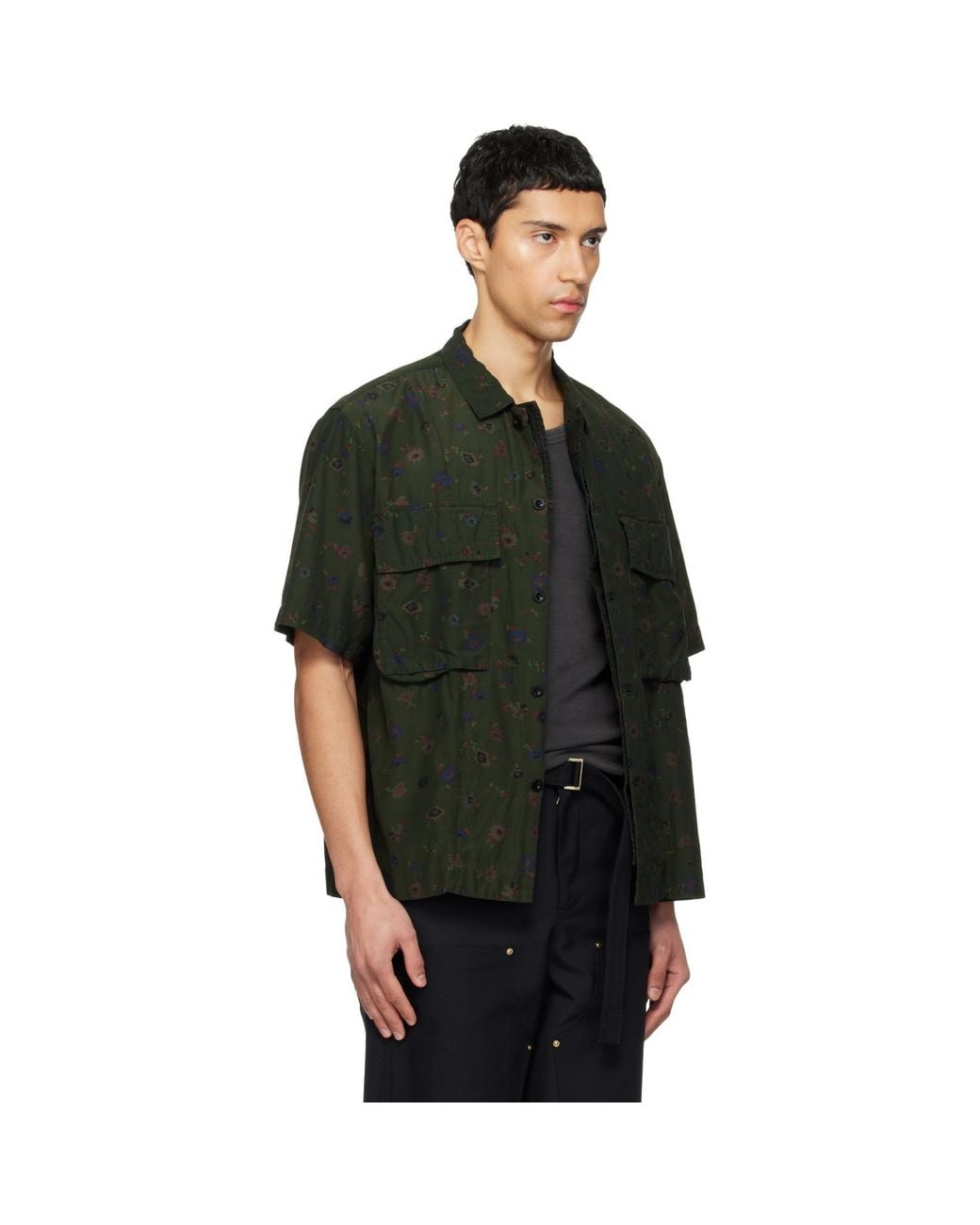 Sacai Black Khaki Overdyed Floral Print Shirt for men