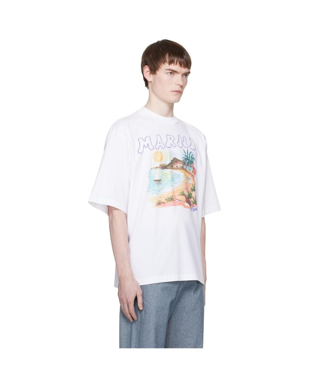 Marni White Cotton Beach Postcard Print' T-Shirt for men
