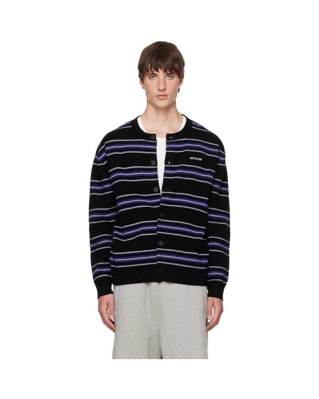 we11done Black Stripe Logo Cardigan for men