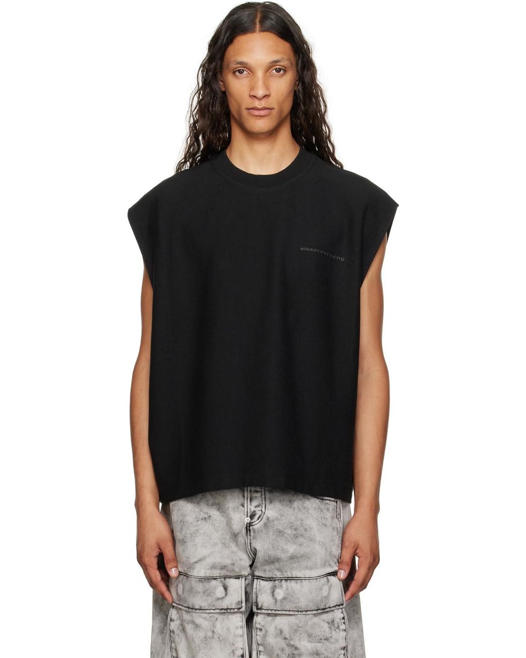 【ALEXANDER WANG】DISTRESSED MUSCLE TEE S Unisex Distressed Logo Oversized Cotton Muscle Tee – On Sale