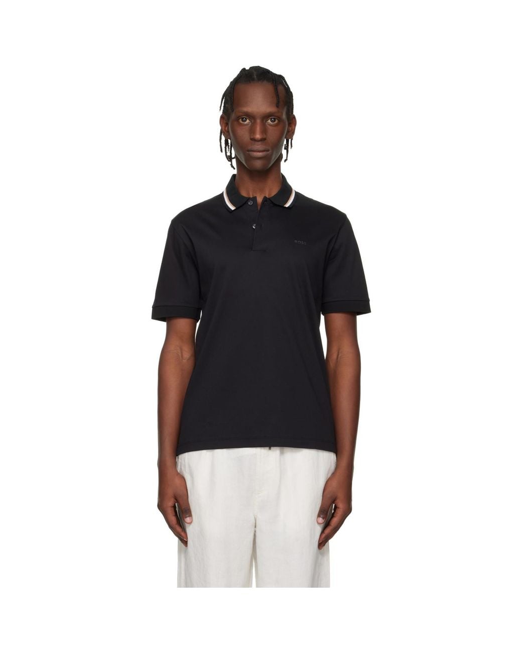 Boss Black Cotton Logo Striped-Collar Slim-Fit Polo for men