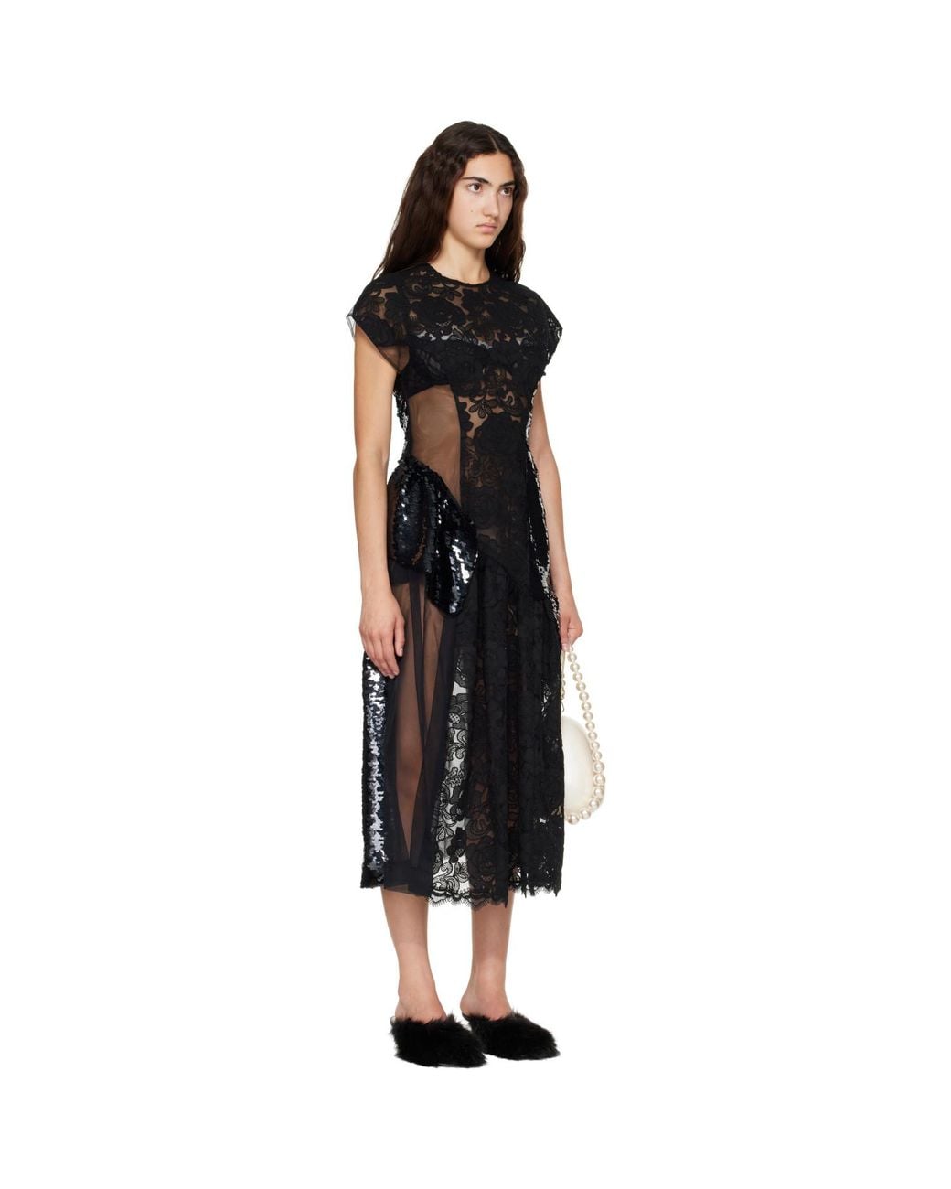 Simone Rocha Black Patchwork Cap Sleeve Ruffle Detail Midi Dress
