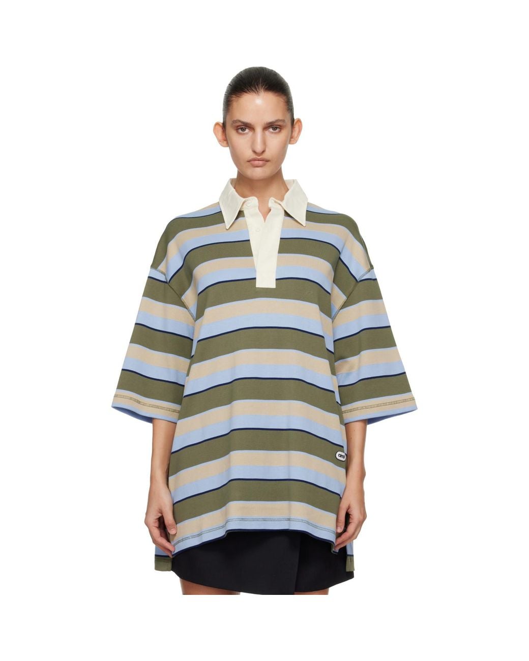 AMI Green Striped Cotton 'Ami Patch' Polo