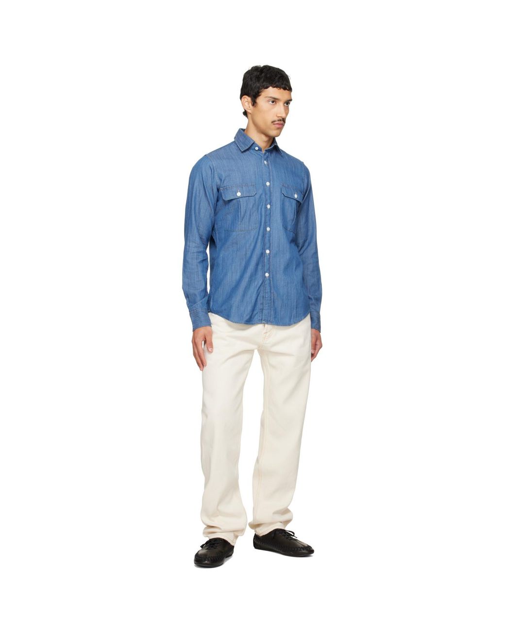 Drake's Blue Cotton Two-Pocket Work Denim Shirt for men