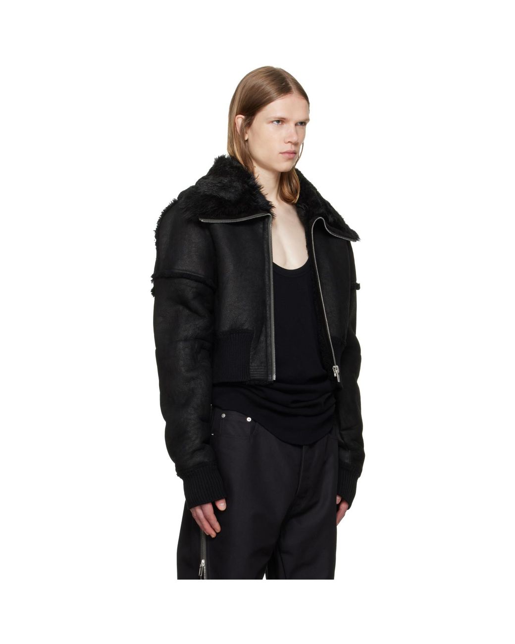 Rick Owens Black Tower Flight Cropped Leather Jacket for men